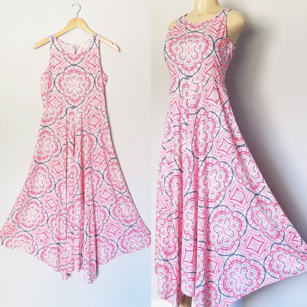 SUNDANCE Sleeveless Midi Dress 2 Powder Pink Blue Boho Print Sharkbite Hem Soft